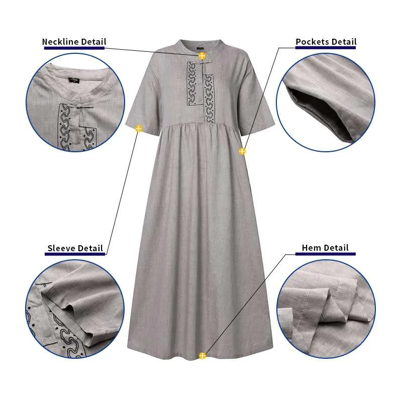 2021 VONDA Priložnostne Kratek Rokav Žepi Dress Vintage Maxi Žensk Jeseni Sundress Vestidos Ženski Bombažno Haljo Vezenje Obleke