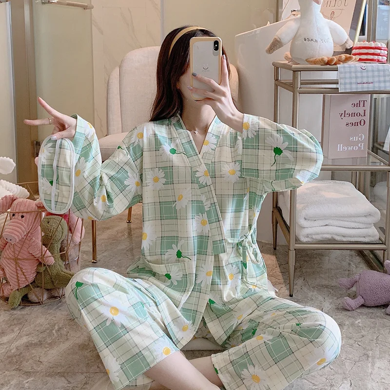 Seksi Tiskanja Cvet Kimono Kopalne Obleke 2PCS Pižamo Nastavite Proti-Vrat Rajon Sleepwear Lady Pižame bo Ustrezala Svoboden Pomlad Nov Dom Oblačila