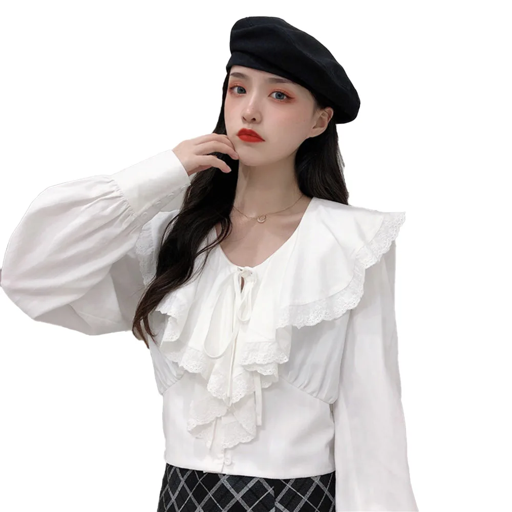 Na Japonskem Slogu Korejski Modna Bluza Pomlad Jesen Novo Ohlapno Preprost Tanke Šivanje Čipke Luč Rokav Lotus Listov Ovratnik
