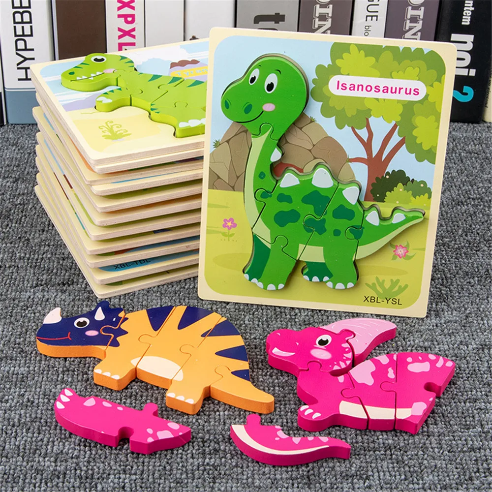 3D Dinozaver Puzzle Otroci Smešno Možganov Lesa Igrača Začetku Izobraževalne Lesene Otroške Igrače Risanka Dinozaver Puzzle Za Otroka od 2 do 4 Let