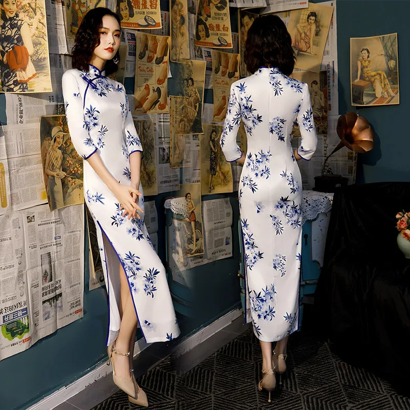 S-4XL Ženske, Modri In Beli Porcelan Večer Cheongsam Obleko Pomlad Svile Cheongsam Dolgo Novost Orientalskih Kostumov