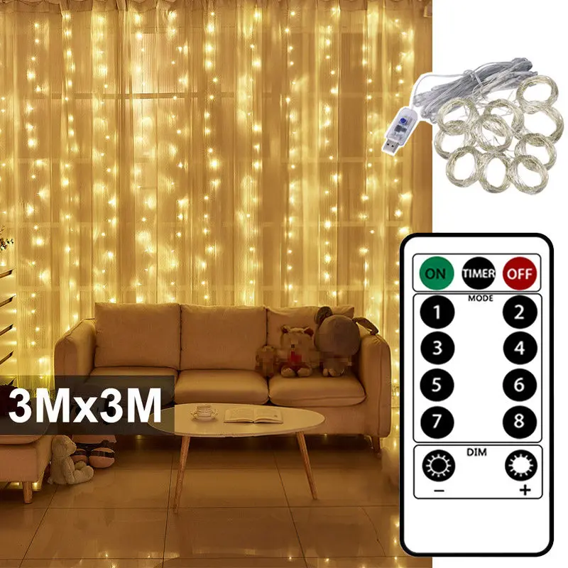 3x3m Pravljice Zavesa Svetlobe LED Daljinski upravljalnik USB Garland Niz Luči za Domačo Spalnico Okno Počitnice Božično zabavo Dekoracijo