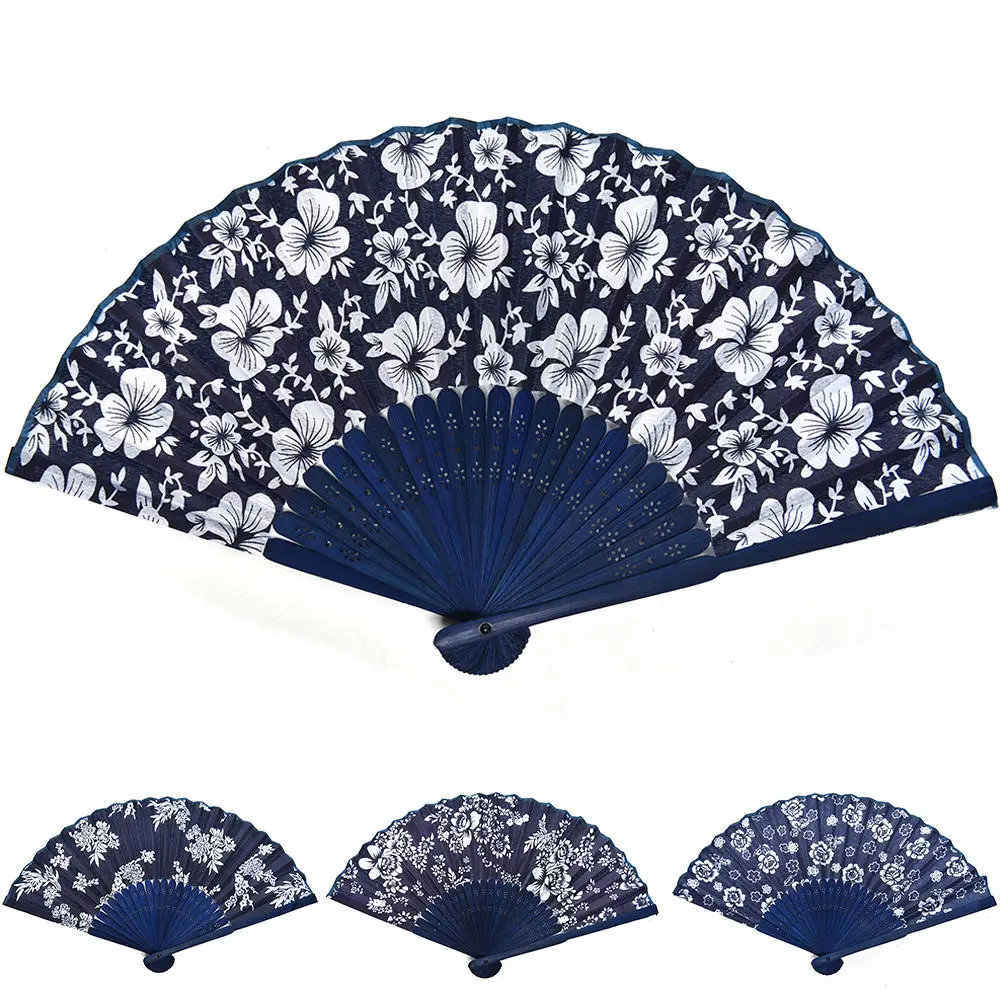 Modra Tkanina Ročno Fan Cool Klasične Cvet Design Kitajski Slog Z Obarvane Modro Bambusa Okvir Svate Korist Dekor