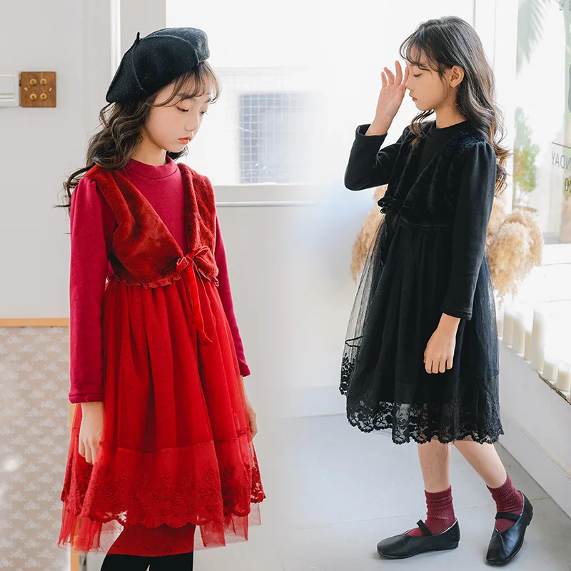 Novo 2019 Črno Rdeče Mah Čipke Princesa Obleke Za Malo Velik, Dekleta Pozimi Aline Obleko Baby Otroci Mozaik Tople Obleke Oblačila
