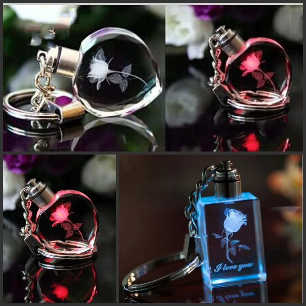 Osebno Design Lasersko Graviranje Kristal rose Keychain LED Pisane Spreminjanje Srce Oblika Nekaj Ključnih Verige Moda Darilo 100 kozarcev