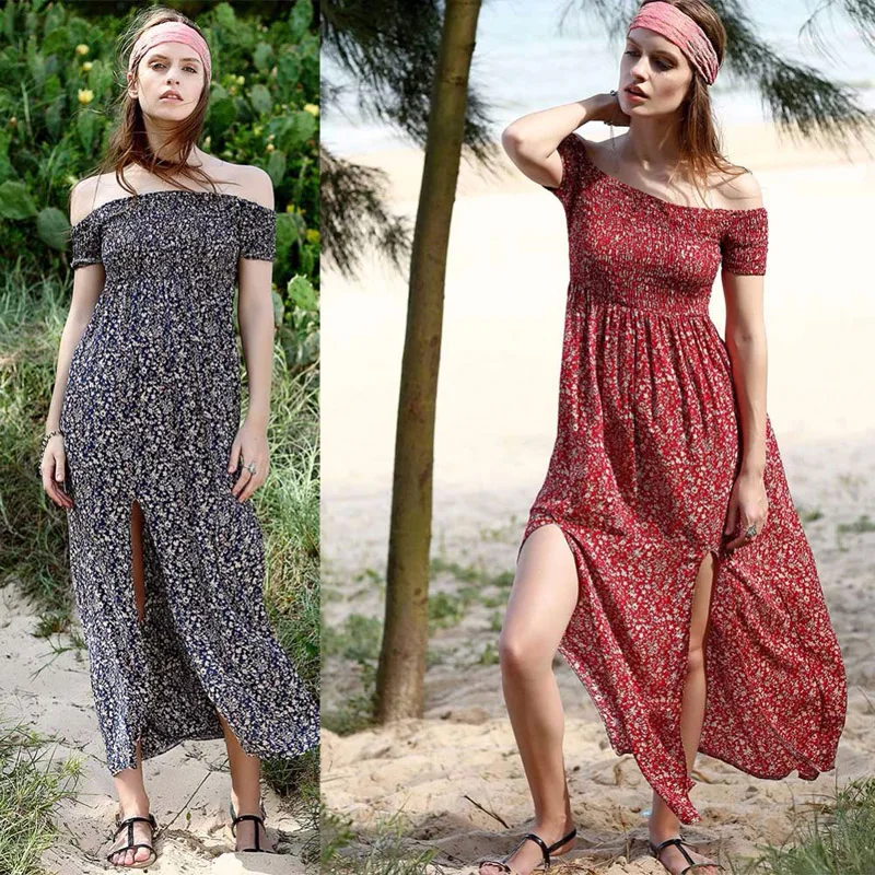 2019 Seksi brez naramnic plaži poletje obleko off ramenski retro bohemian oblačenja dolge obleke razcepne žensk Cvjetnim tiskanja Obleko