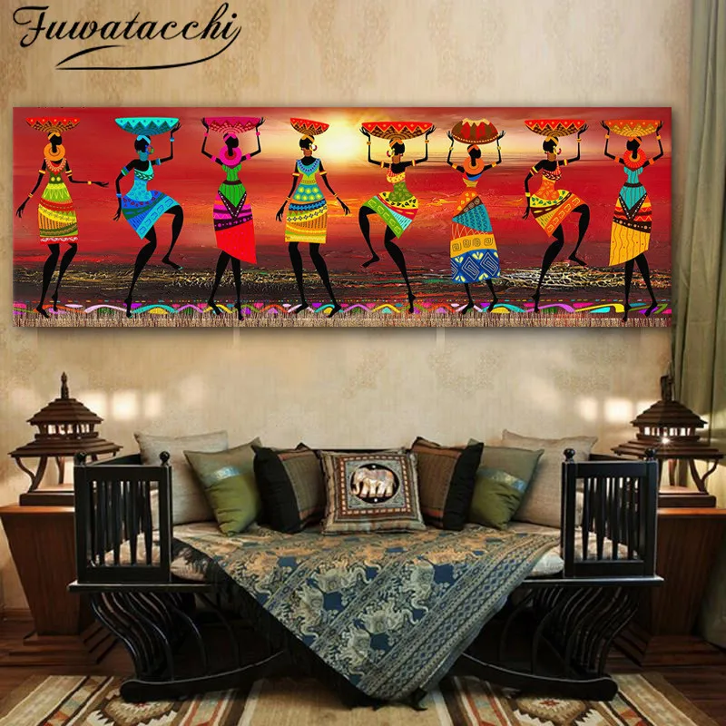 Fuwatacchi Sodobne Spray Slike Afriških Žensk Ples Sliko Natisniti, in Plakati Wall Art Oljno sliko za Dnevni Sobi Doma Dekor
