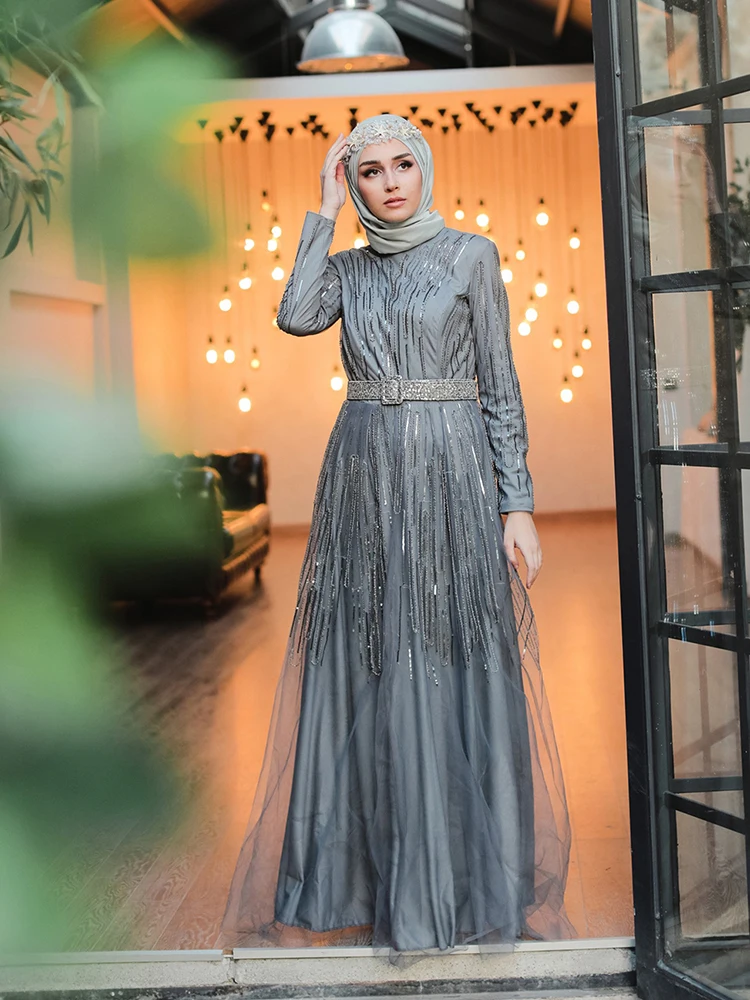 Sparkly Til Hidžab Večerno Obleko Elegantno Muslimanska Oblačila z Dolgimi Rokavi Novo Sezono ženska Moda in Ženske 2020 Dosežen v Turčiji
