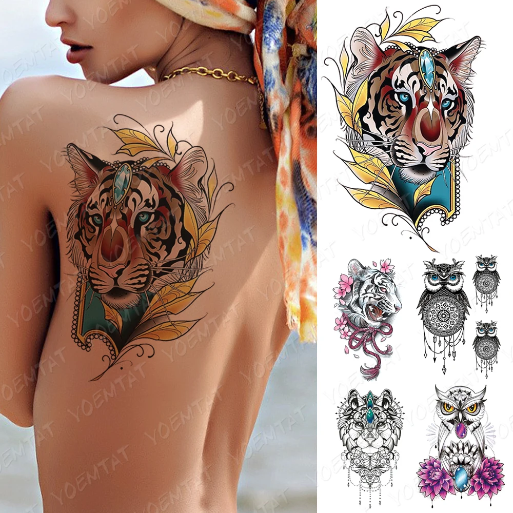 Nepremočljiva Začasni Tattoo Nalepke Dragulj Diamond Tiger Flash Tetovaže Sova Čipke Lovilec Sanj, Body Art Roko Ponaredek Tattoo Ženske Moški