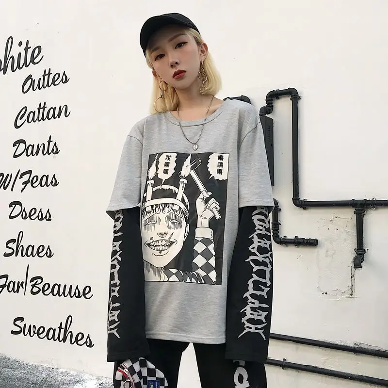 Modna Majica s kratkimi rokavi Femme 2020 Harajuku Ulica Groze Strip Natisnjeni Dolg Rokav T-shirt Za Ženske Oblačila korejski Ulzzang Ženski Top