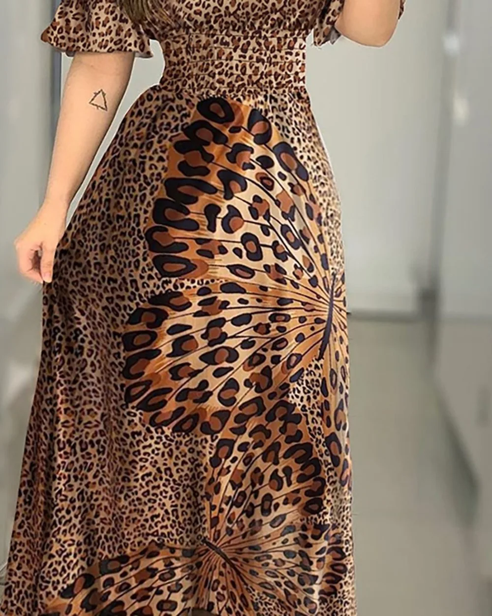 Metulja Print Obleko Leopard Natisniti Eno-ramo Lotus Rokav Poletje Modni Imperij Velik Swing Dolga Obleka Ženske Lugentolo