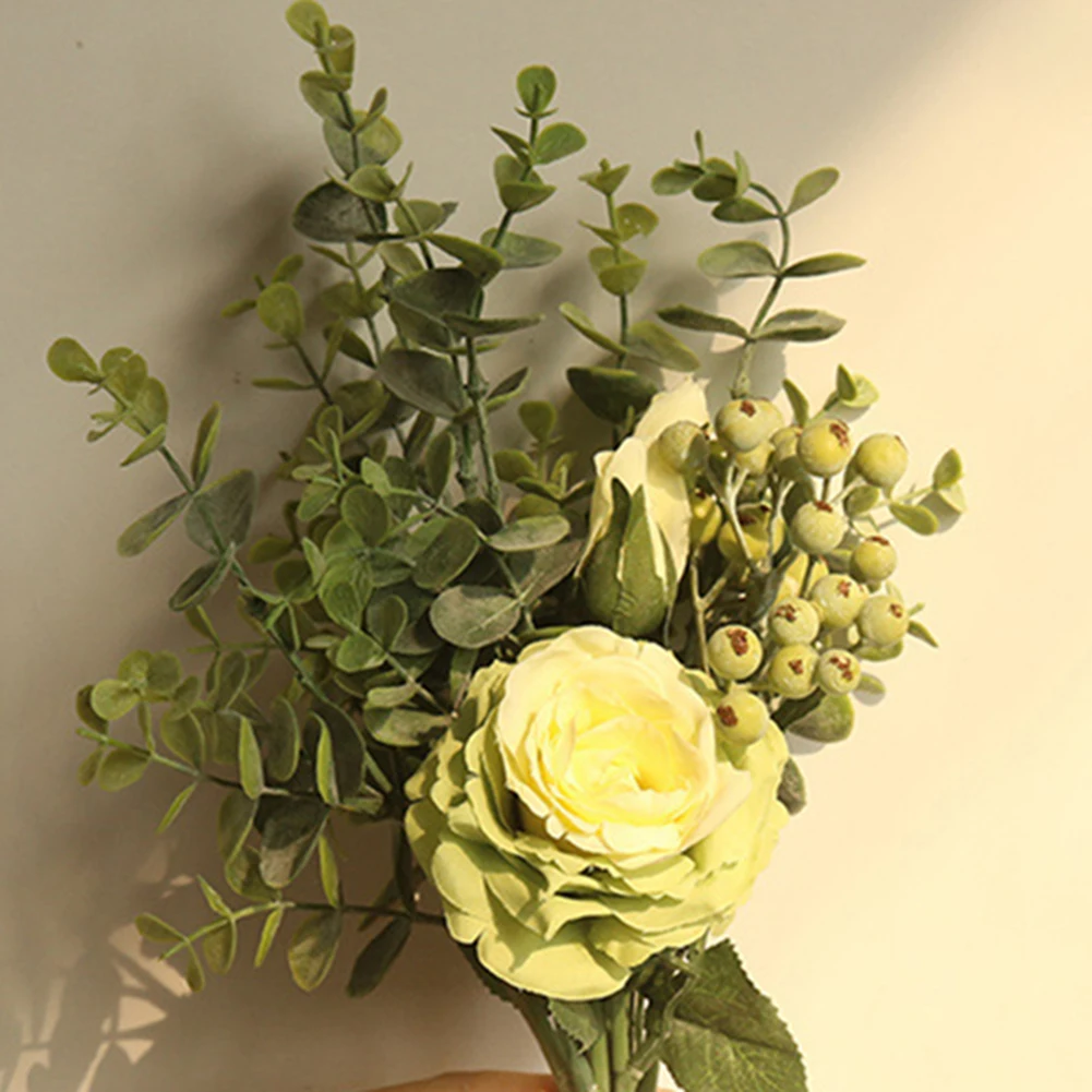 Eucalyptus+Rose+Jagode Ponaredek Cvet snop Umetno Cvetje Ročno za Dom Poroka Dekoracija Poročne Strani Holding Flores