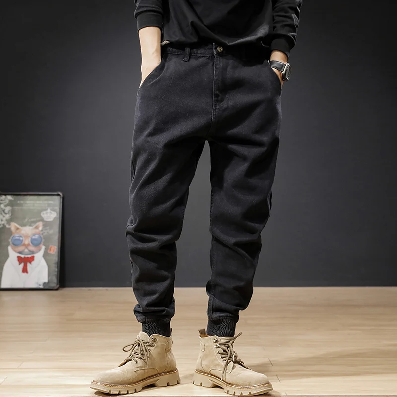 2021 Novo Vintage Moda Za Moške Kavbojke, Črno Razrezana Oblikovalec Denim Tovora Hlače Ulične Hip Hop Joggers Širok Noge Vrečasta Hlače