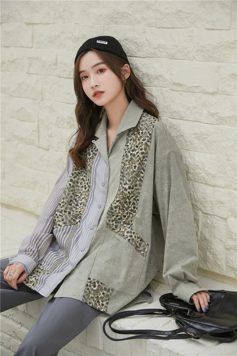 2020 Pomlad Dolg Rokav Leopard Tiskanja Bluzo Ženske Mozaik Svoboden Plus Velikost Vrhovi Trak Chic Vintage Bluze