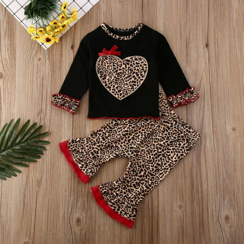 UK Otroci Baby Girl Obleke Leopard Ljubezen In Srce, T-majica+Hlače, Dokolenke Obleko