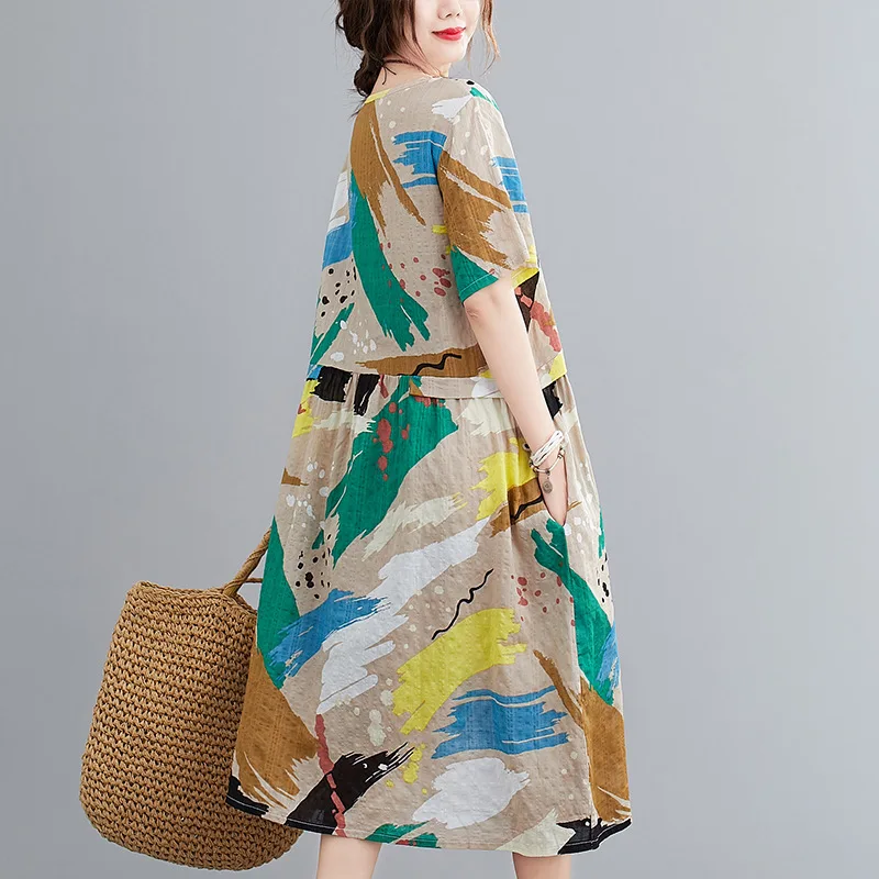 Korejskih Žensk, Kratek Rokav Midi Obleko Poletje Priložnostne Plus Velikost Umetnost, Vintage Bombaž Perilo Tiskanja Dhirt Obleko Vestidos Haljo De Mujer