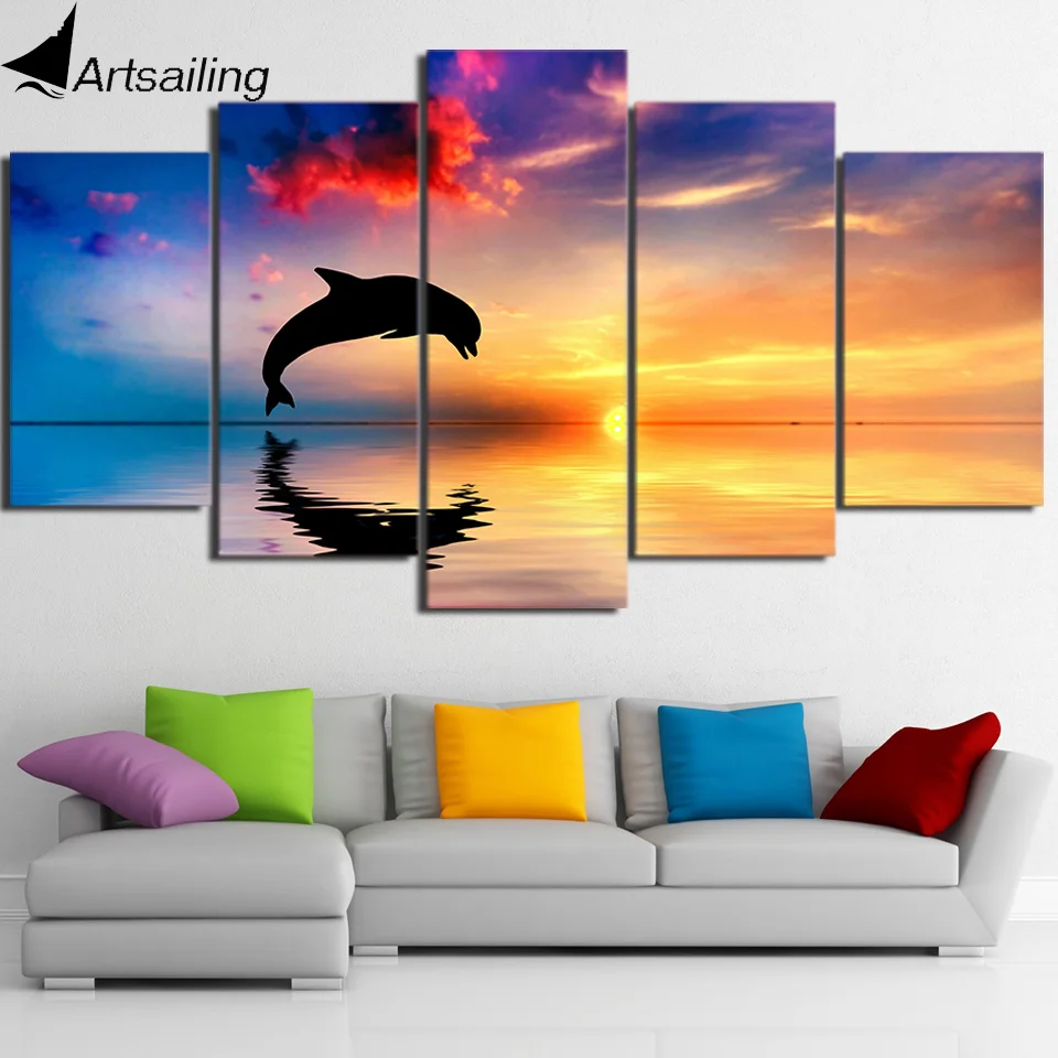 5 Kos Slikarstvo wall art dolphine sunset ocean seascape slikarstvo stenske slike za dnevna soba okvir platno umetnosti ny-752