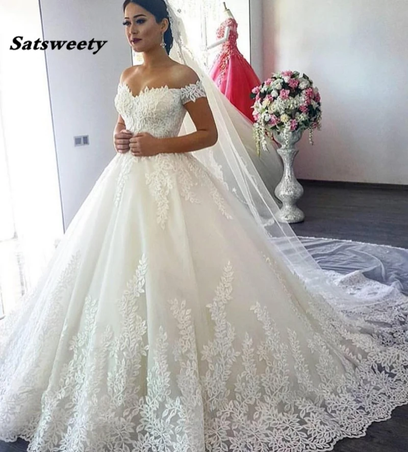 Satsweety haljo de mariage Poročne Obleke 2020 po Meri Izdelane Čipke Appliques Žogo Obleke Vestido de noiva Off Ramo