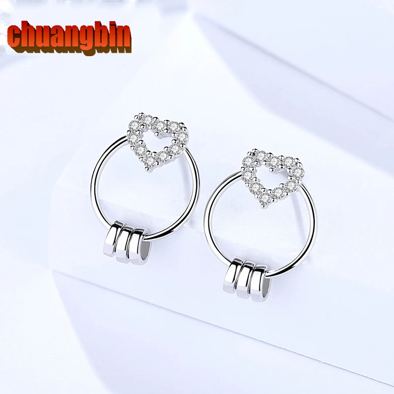 Resnično S925 sterling srebrna svetloba cirkon korejski preprosto v obliki srca krog uhani ženske ušesa Klinov mikro-vdelan nakit