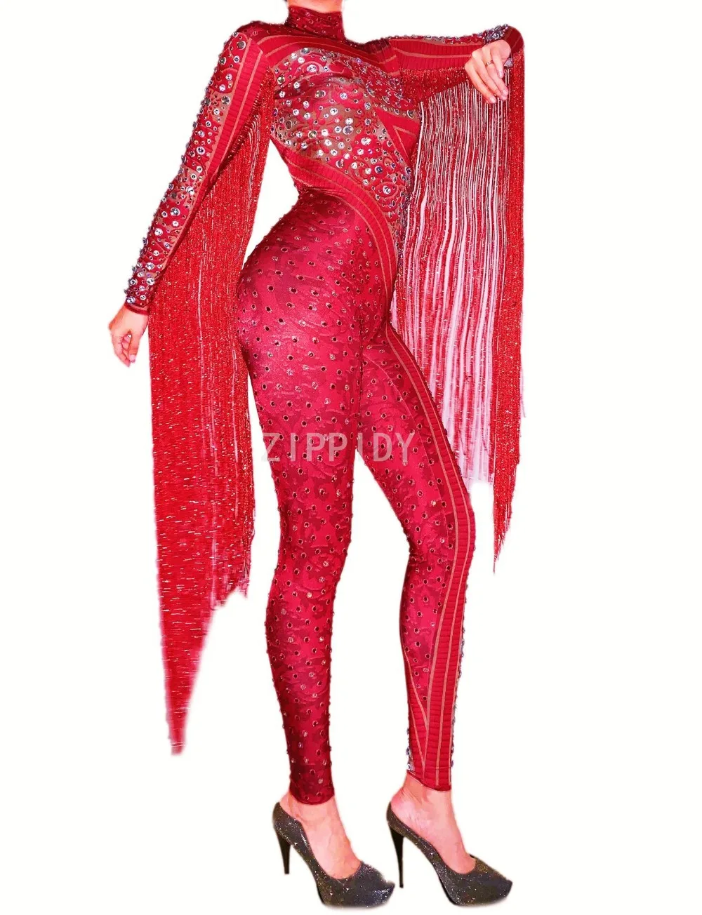 Modna Srebrna Rdeča Okrasnih Bonitete Jumpsuit Za Rojstni Dan Praznovanje Obleko Bar Ples Ženske Dokolenke Pevka, Plesalka Obleko
