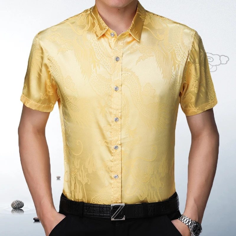 Kitajski slog zmaj vzorec tiskanje moda svoboden luksuzni majica kratek rokav Poletja 2018 Nove kakovostne svile, mehke rokavi moški M-XXXL