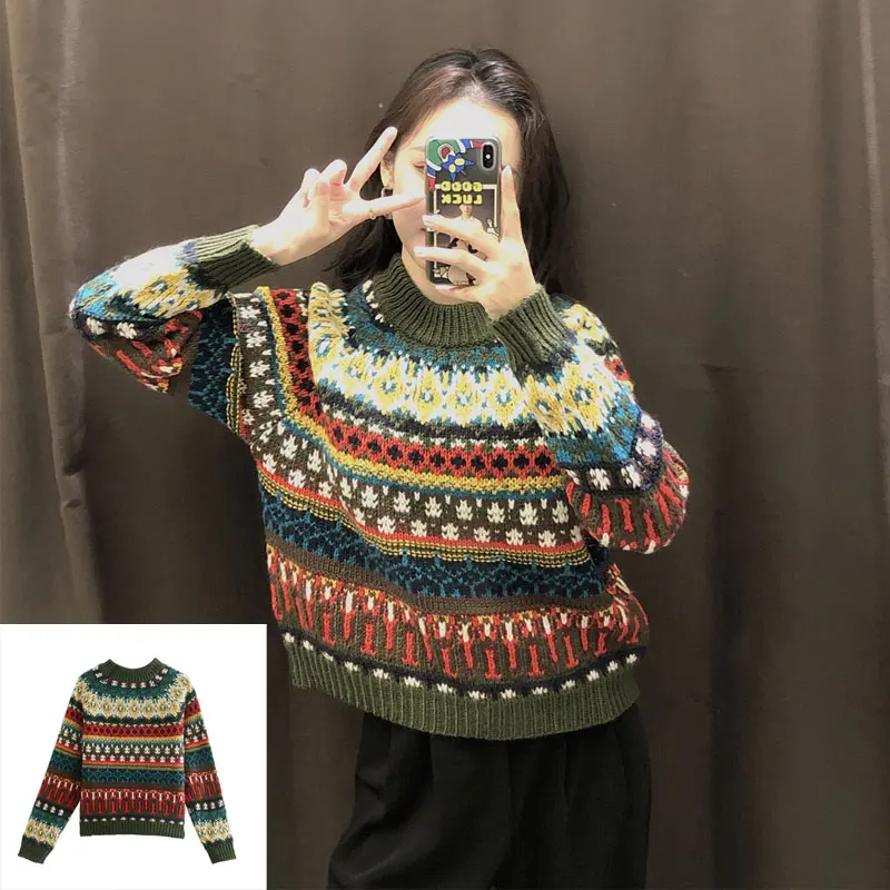2021 novo jeseni in pozimi ženski pulover jacquardske svoboden ulične etnične trend toplino retro moda pulover ženske vrh