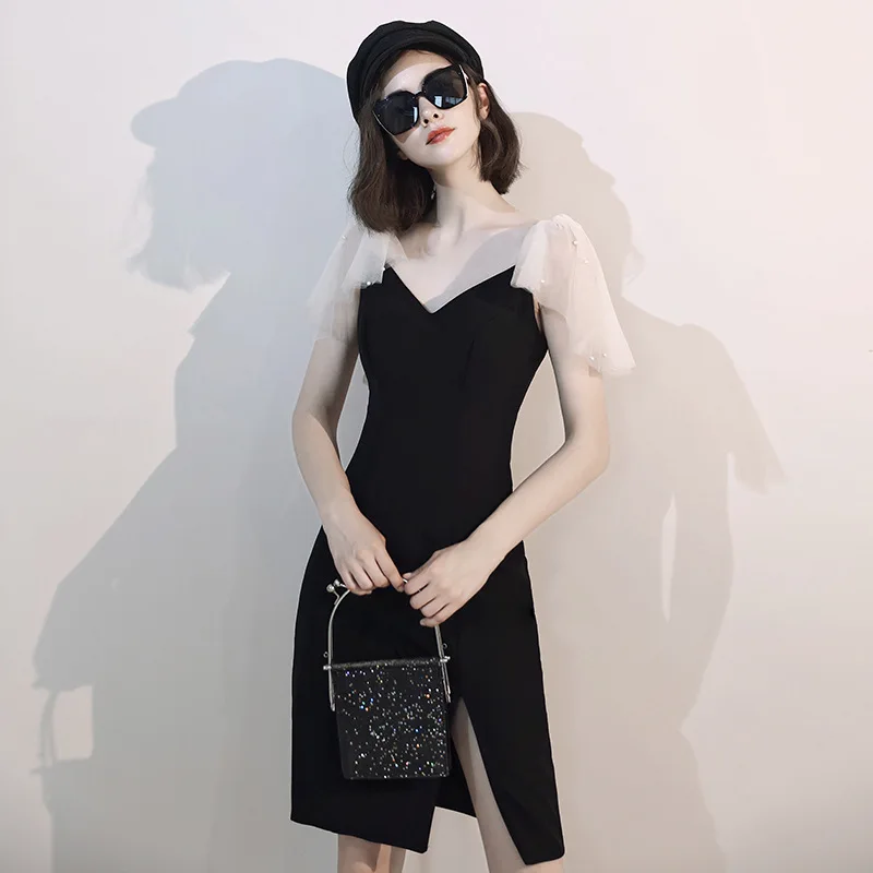 Eleganten V-izrez Saten Bodycon Črno Obleko za Ženske brez Rokavov Slim Ženski francoski Obleko Večer Stranka Vestidos Cheongsam