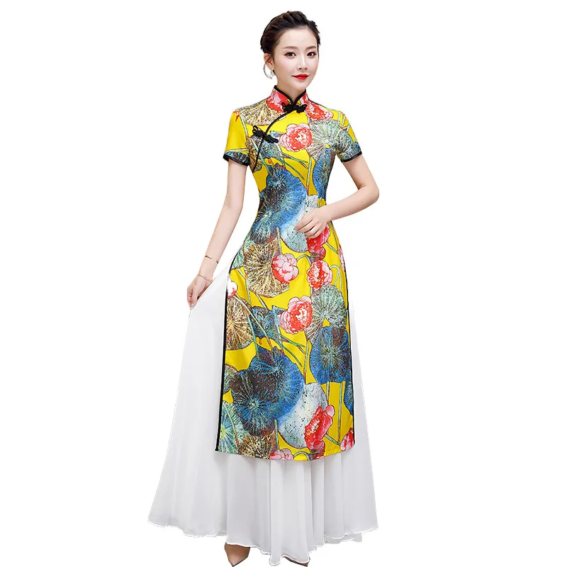 Bela Plus Velikost 4XL 5XL Kitajske Tradicionalne Ženske Aodai Tiskanja Cvet Qipao Letnik Cheongsam Novost Kitajski Formalno Obleko