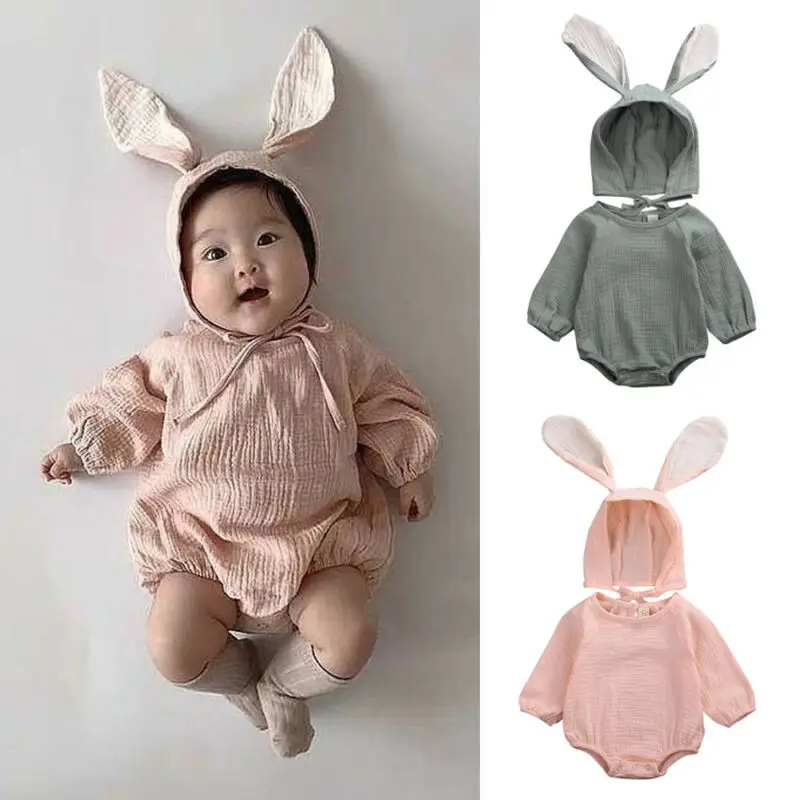 2020 Nov Padec Jeseni Trdna Newborn Baby Dekleta, Obleka, Jumpsuit+Zajec 3D Uho Klobuk Obleke, Perilo za Pomlad Velikonočni Oblačila