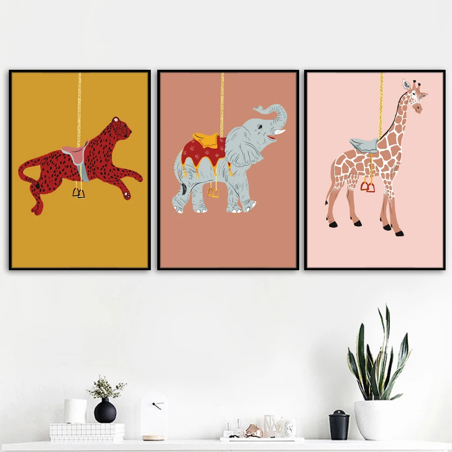 Platno Slikarstvo Risanka Ilustracije Vrtiljaka Zebra, Žirafa Wall Art Nordijska Plakatov In Fotografij Stenske Slike Za Otroke Doma Dekor