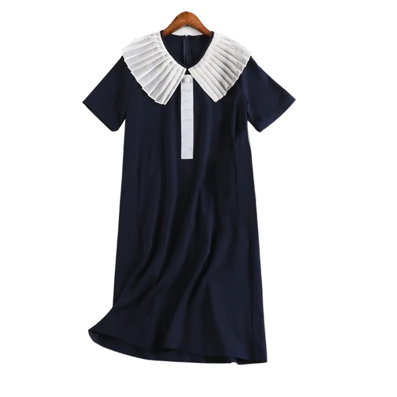 4XL 5XL poletje šifon obleko 2020 ženske plus velikost ohlapne obleke, kratek rokav, bela naguban ovratnik mornarsko modra obleka JC37