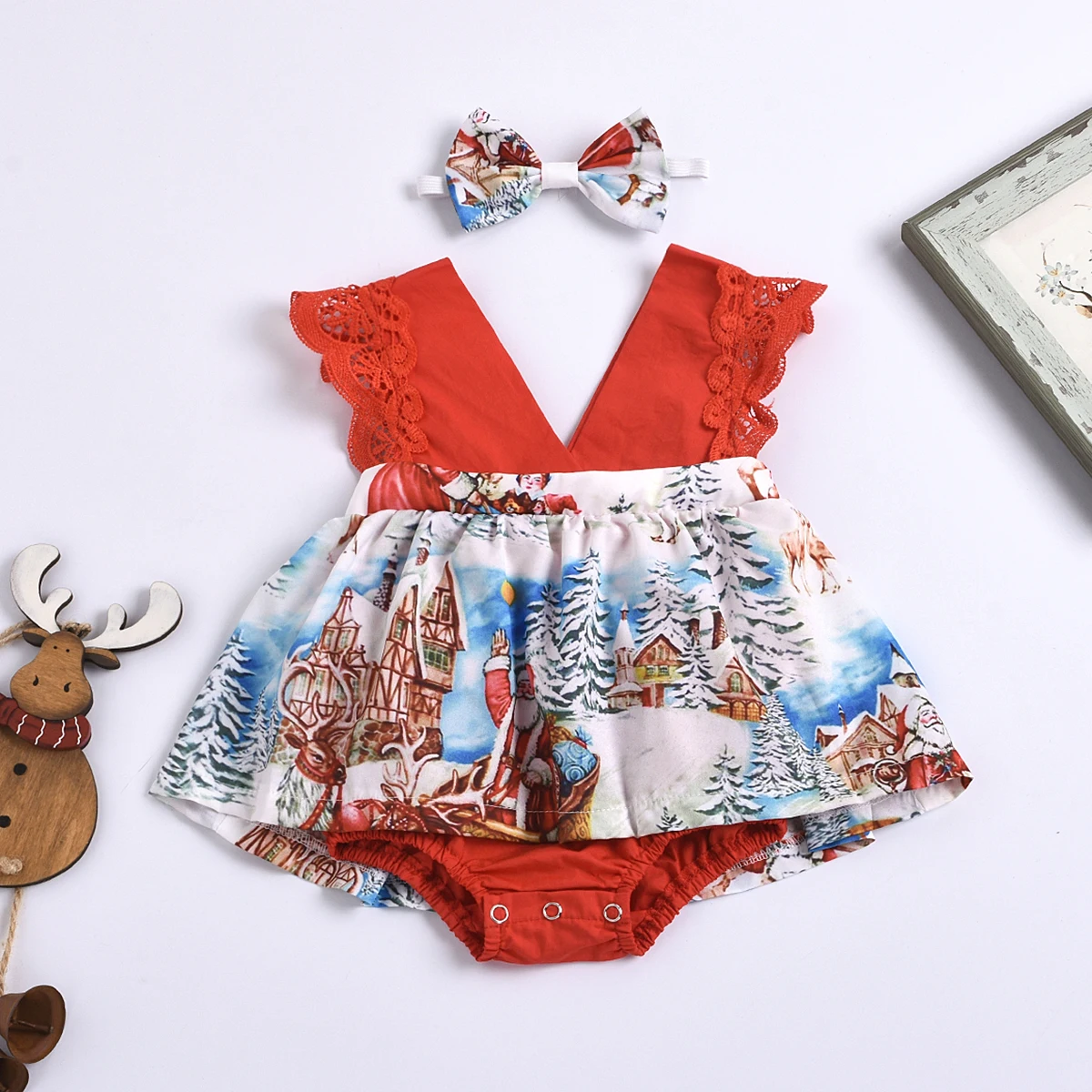 Božič Newborn Baby Dekleta Romper Obleko+Glavo Santa Tiskanja Ruffles Čipke Rokav Jumpsuits 2pcs