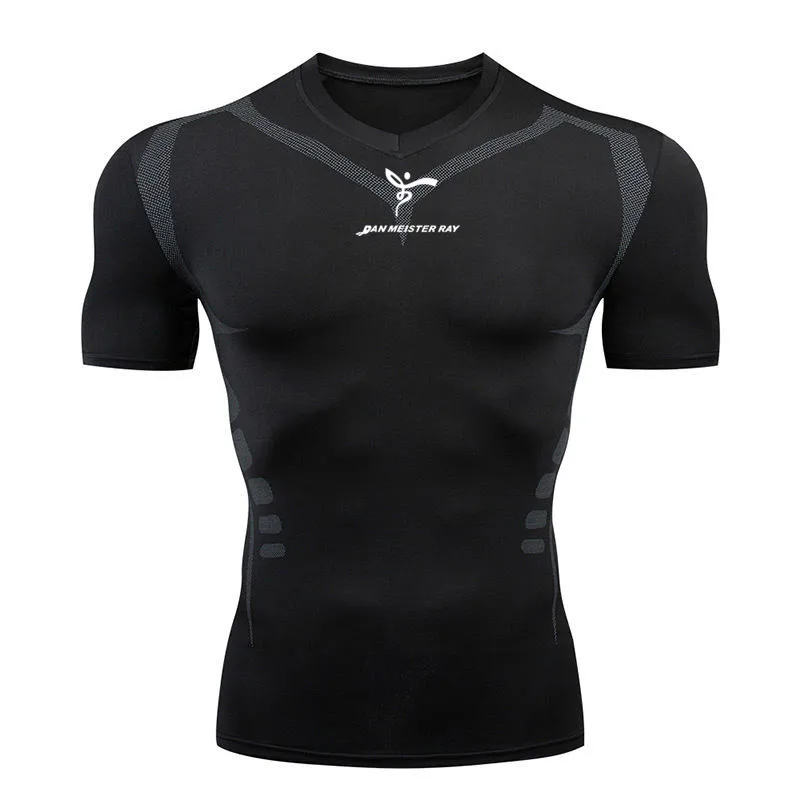 Črna majica s kratkimi rokavi moška majica T-shirt kratek rokav stiskanje srajce telovadnice T shirt Fitnes sport tesen majica za šport
