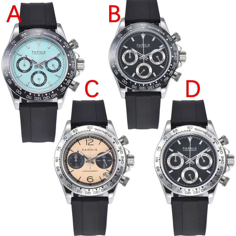 39 mm PARNIS Črna številčnica sapphire kristalno Keramične plošče trdna polno Kronograf razkošno quartz mens watch ura
