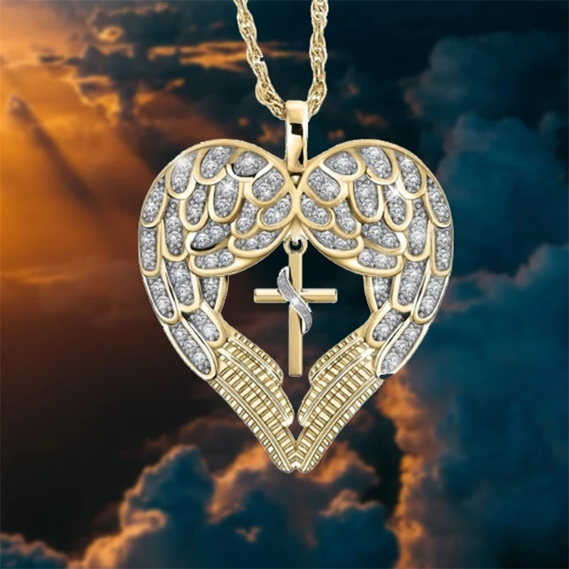 V obliki srca s Krili Vgrajeni Križ Obesek za Ženske Valentinovo Darilo Ogrlica Nakit Modni Stranka Obesek na Debelo