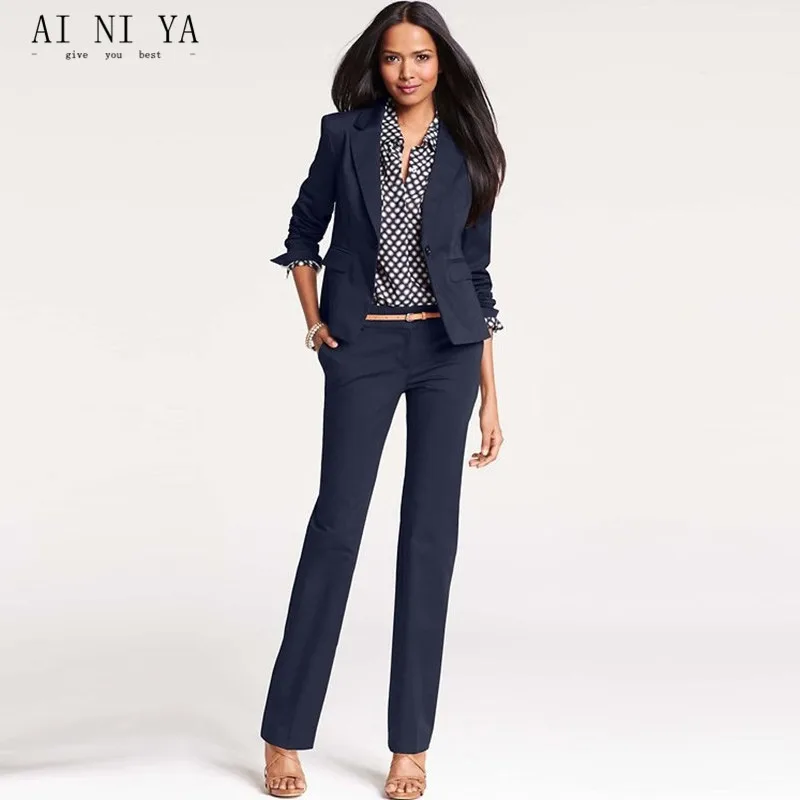 Po MERI navy 2 delni set ženske, poslovne obleke, formalno urad ustreza delo v eni gumb slim fit ženski hlačni elegantne hlače obleke