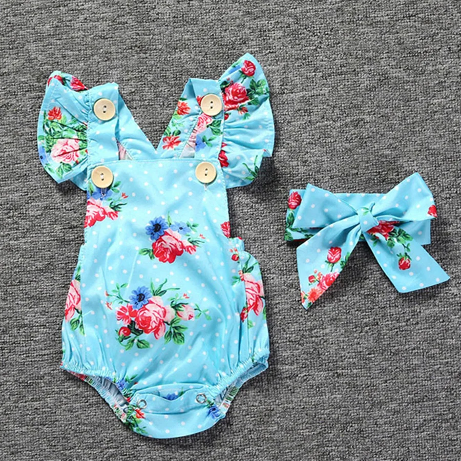 Novorojenček Cvetlični Baby Girl Obleke Ruffles Obleka brez Rokavov +Glavo 2pcs Obleko Bebek Giyim Sunsuit 0-24M Dekle Oblačila