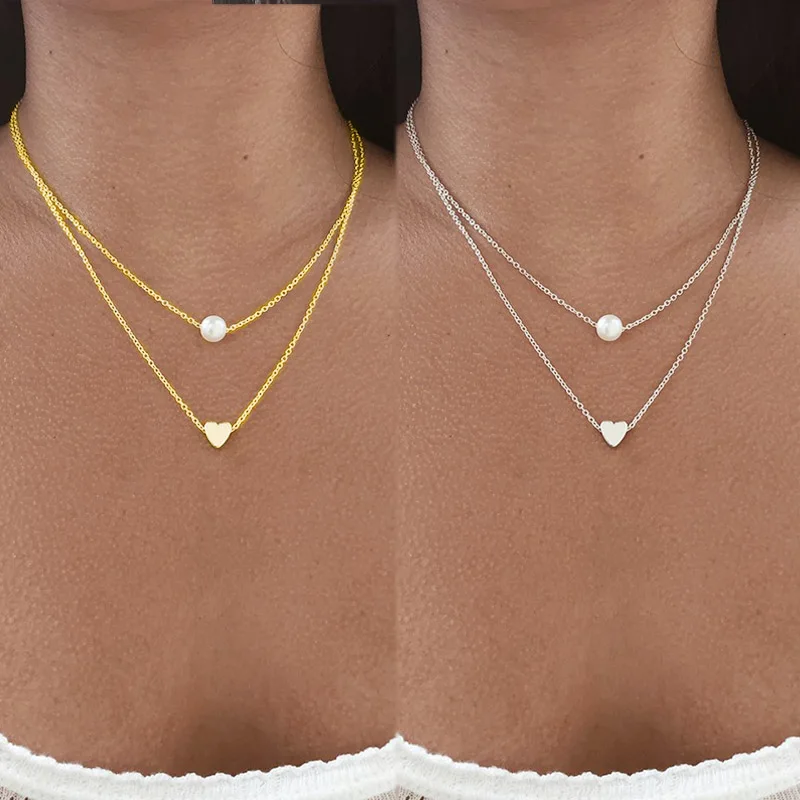 1PC Imitacije Pearl Bohemia Srce Dvojno plast verige Preprosta ogrlica Srebrno Zlati Nastavljiv ženski Nakit Poročna Darila