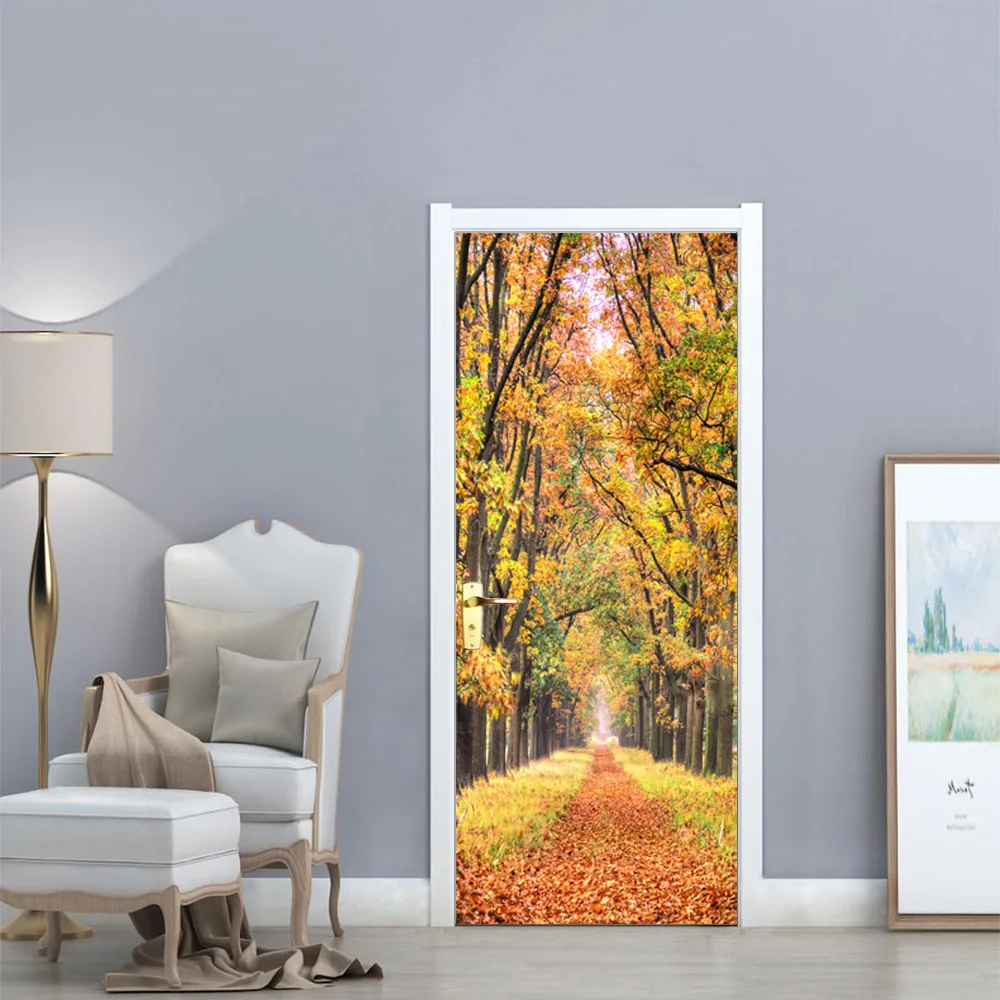 3D Jeseni Maple Leaf Freske Park Vrata Nalepko Domov Vrata Spalnice Dekorativne Tapete Nepremočljiva PVC Stenske Nalepke, Plakati, Nalepke