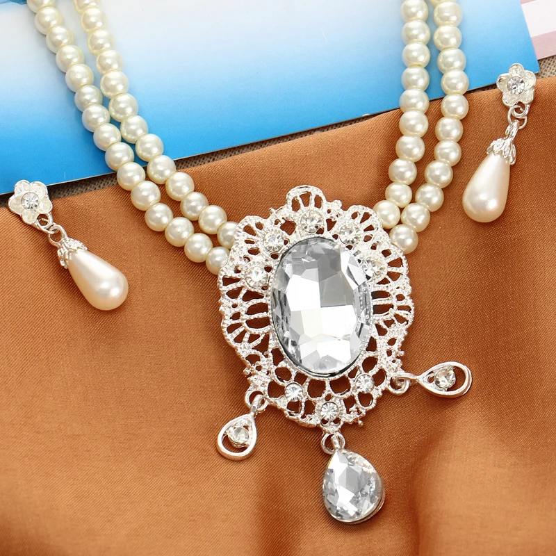 Luksuzni beli kristalni draguljev, poročni nakit sklopov multi-layer verige stud uhani simulirani biser nakit set za ženske