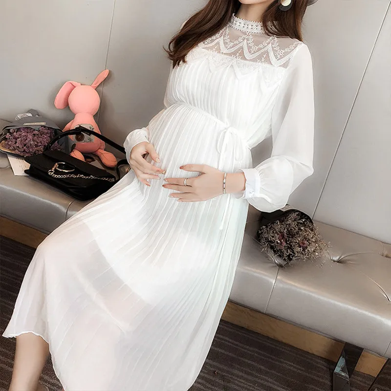 Pomlad Šifon Porodniškega Noseča Obleke z Dolgimi Rokavi Nosečnosti, Porodniškega Oblačila Naguban Moda obleke za Nosečnice