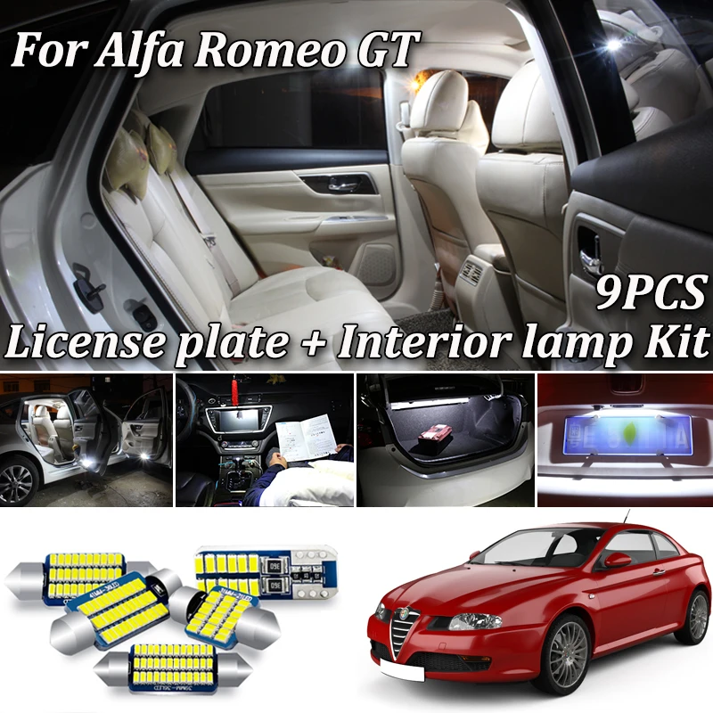 9Pcs Bela Napak Canbus, Za vozila Alfa Romeo Alfa GT LED Notranjosti Zemljevid Dome Luč + registrske Tablice Svetilka, Komplet (2003-2010)