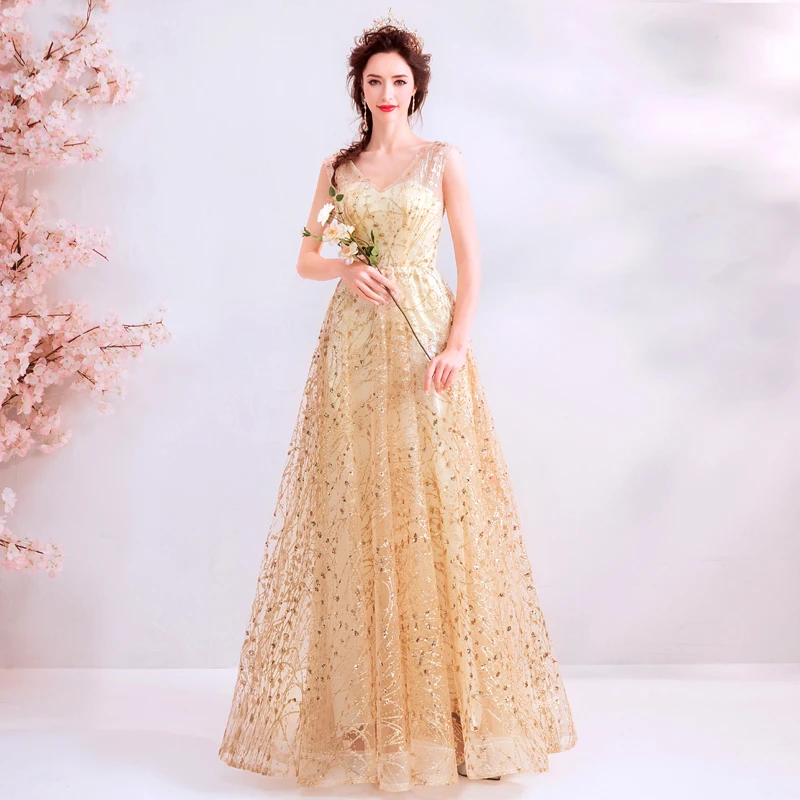 V nebo vpijoče princesa champagne gold Večerno Obleko dolge čipke maturantski obleki haljo de mariee diplomi obleko linije obleko za poroko
