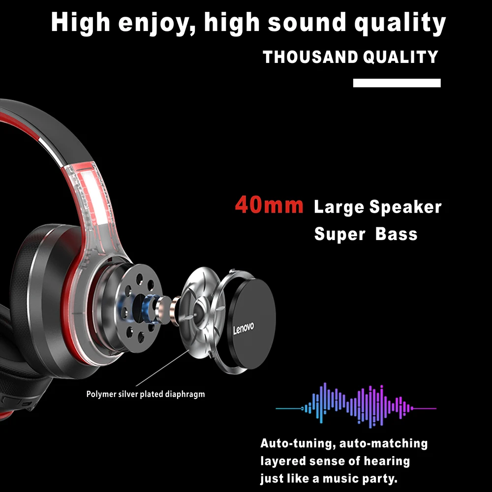 Lenovo HD200 Bluetooth 5.0 Slušalke Brezžične Zložljive Subwoofer Šport Teče Stereo Gaming Slušalke Z šumov