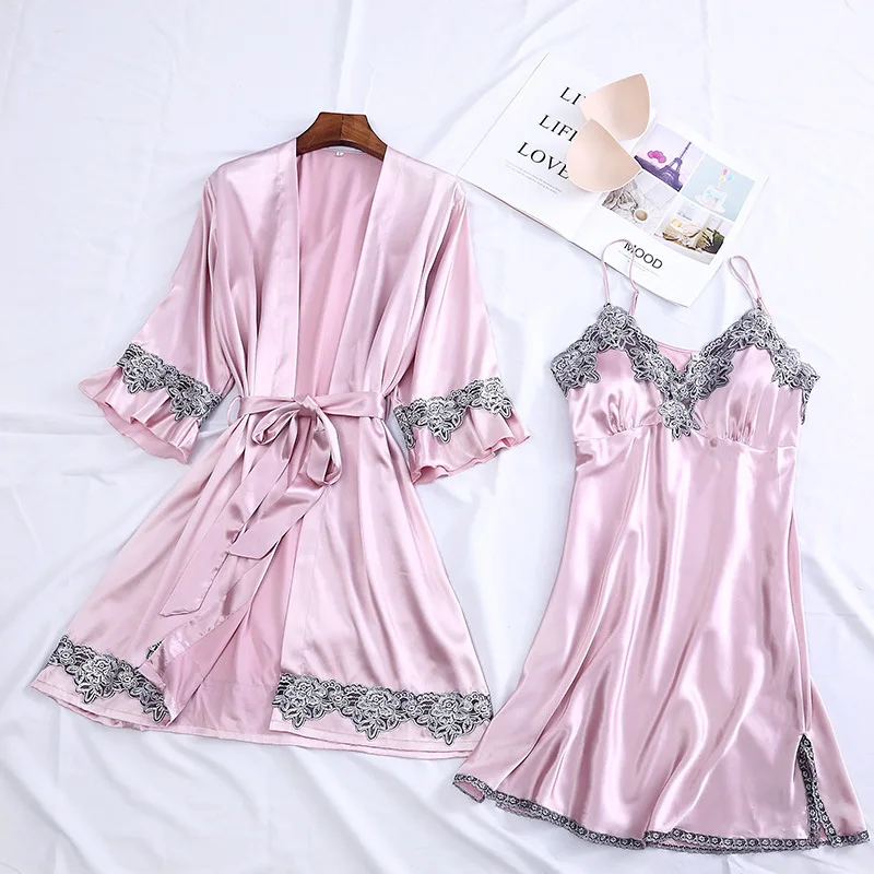 Novo 2PCS Nevesta Družico Poroko Haljo Satenast Kimono Obleke kopalni plašč Ženski SexyNighty&Haljo Svilnato Obleko Sleepwear Intimno Perilo