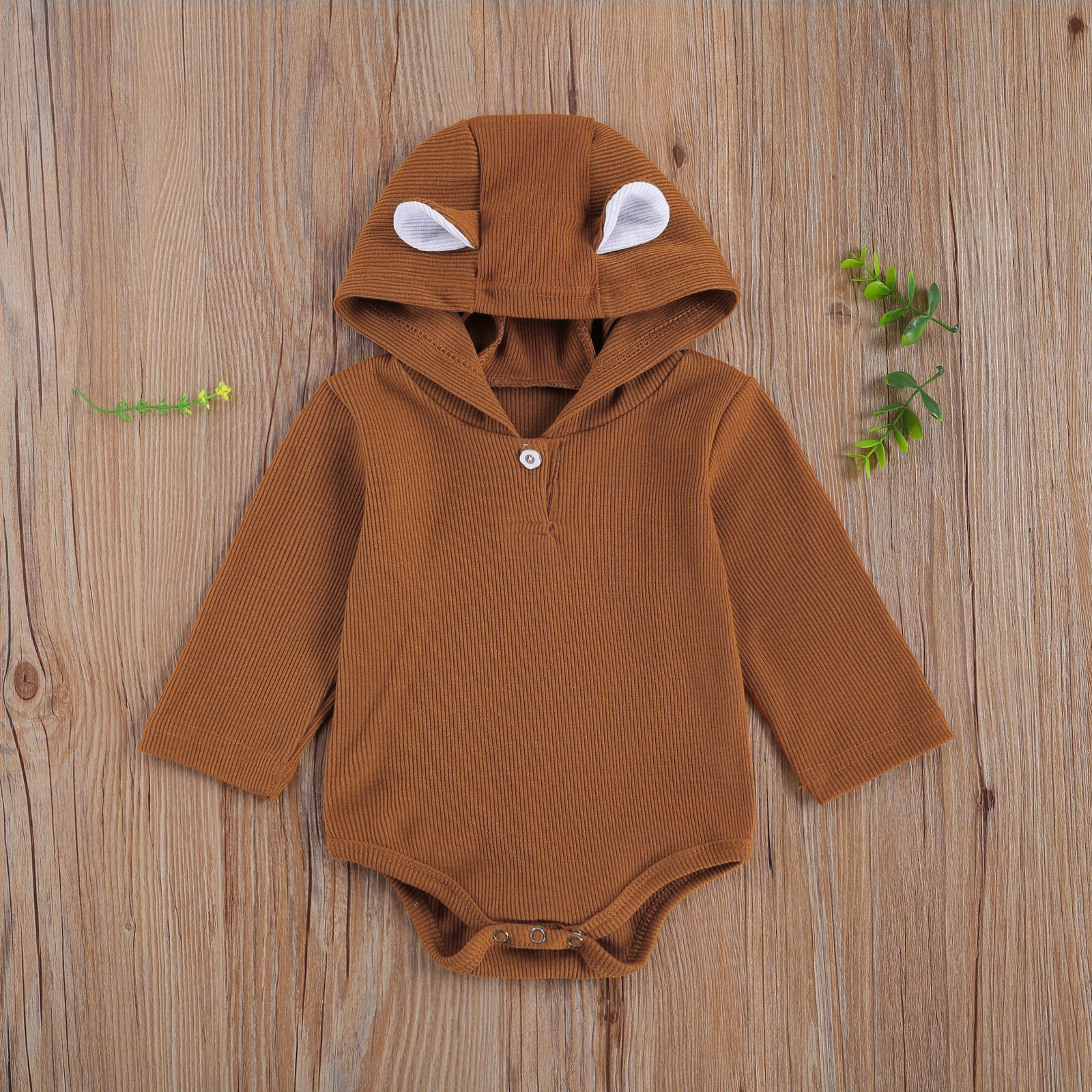 Newborn Baby Dekleta Fantje Romper Trdno Nosi Uho Long Sleeve Hooded Gumb Lep Jumpsuits 0-18 M