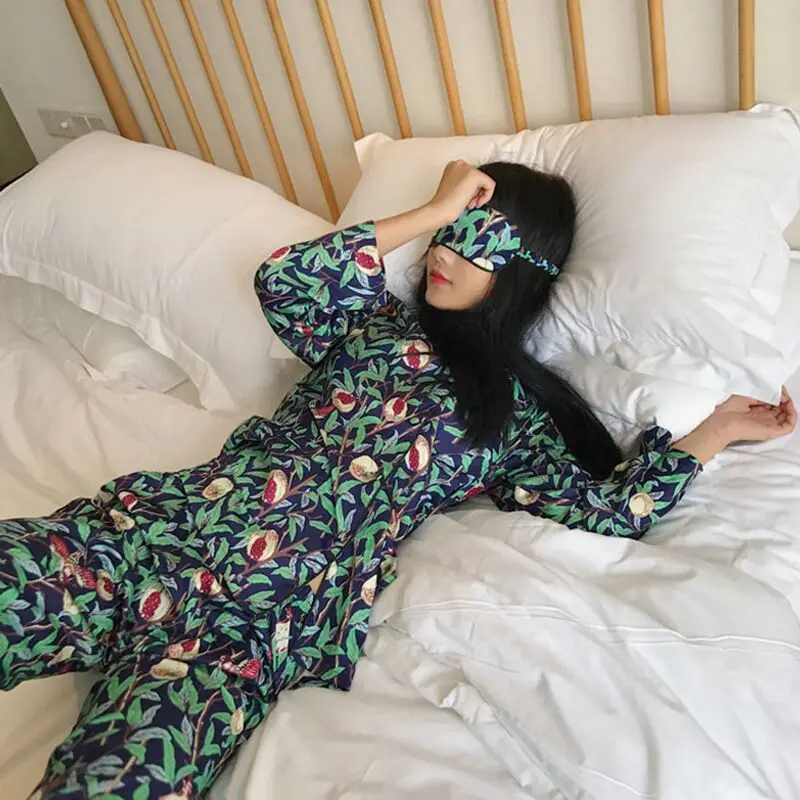 Ženske 4 Kos Svile Dolgo sleeved Pižamo korejski River Tiskanja Sleepwear Pomlad Luxury Womens Seksi Domov Oblačila Pižame Saten Set