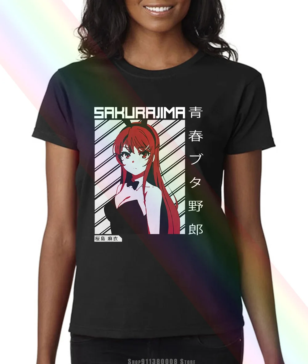 Mai Sakurajima Black T shirt Seishun Buta Yarou Wa Zajček Dekle Anime Manga A744Ban