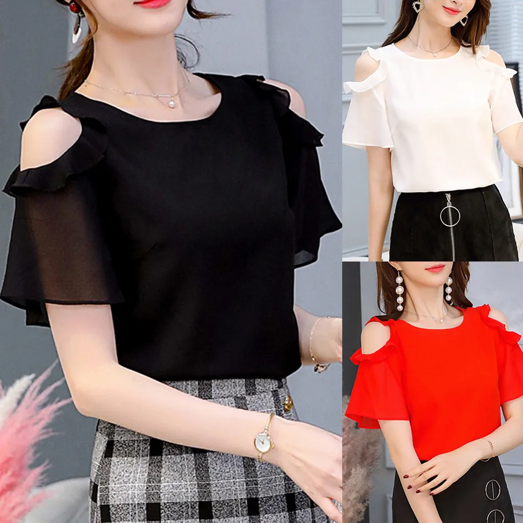 2019 Nove Eksplozije modeli žensk pisarna brez naramnic ogrlicom kratka sleeved barva šifon plus rokavi top рубашка женская 40*