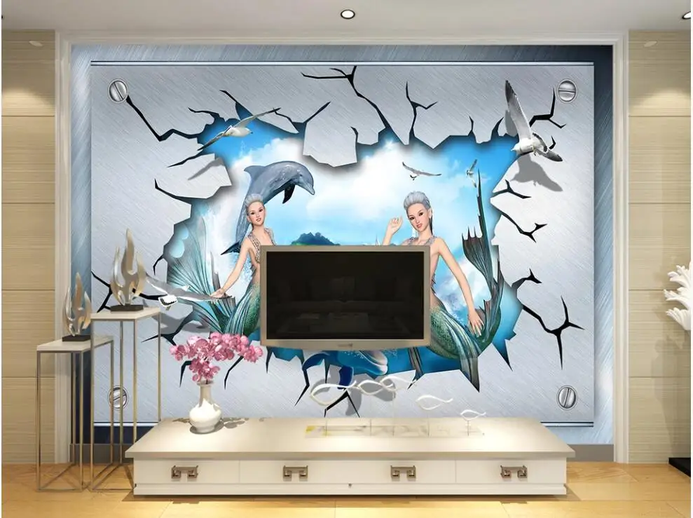 Po meri freska na steni papir 3 d Tihem Svetu morska deklica Delfina Zid doma dekor fotografijo za Ozadje v dnevni sobi